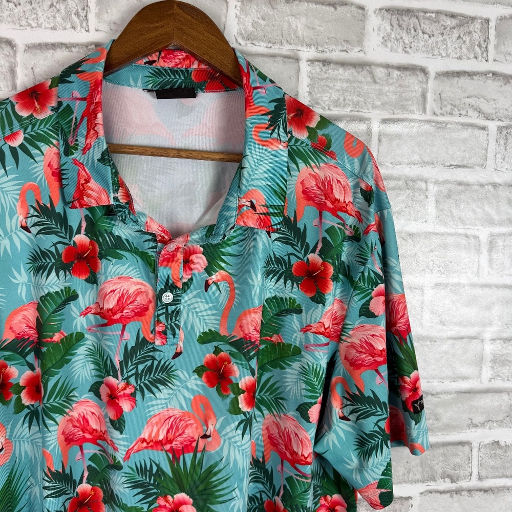 Yatta Golf Vibrant Tropical Flamingo AOP Performance Golf Polo Mens XL Stretch